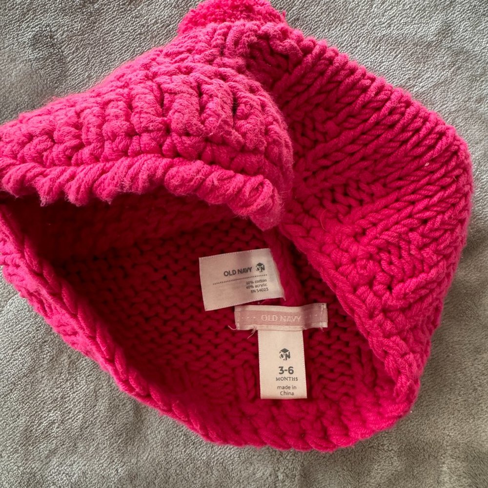 Old Navy Bright Pink Knit Pom Pom Hat Sz 3-6 mos - Picture 2 of 3